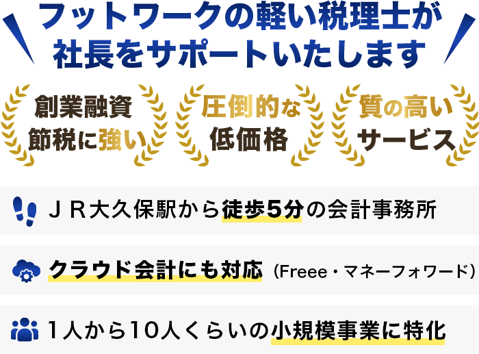 当事務所はJR大久保駅から徒歩５分にある会計事務所です。創業融資・節税に強く、1人から10人くらいの小規模事業に特化したフットワークの軽い税理士が社長をサポートいたします。